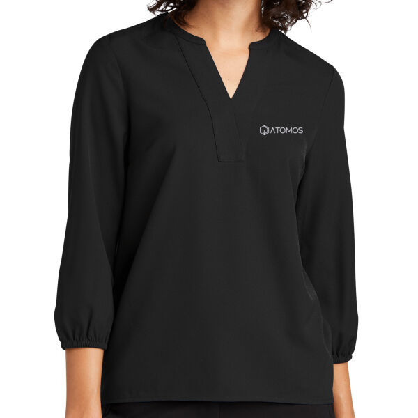 Embroidered Atomos - Women's Stretch Crepe 3/4 Sleeve Blouse Thumbnail